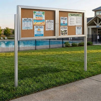 Outdoor Enclosed 60x24 Bulletin Cork Boards with Lights (with Radius Edge & Leg Posts) (2 DOORS) - Satin Silver Finish