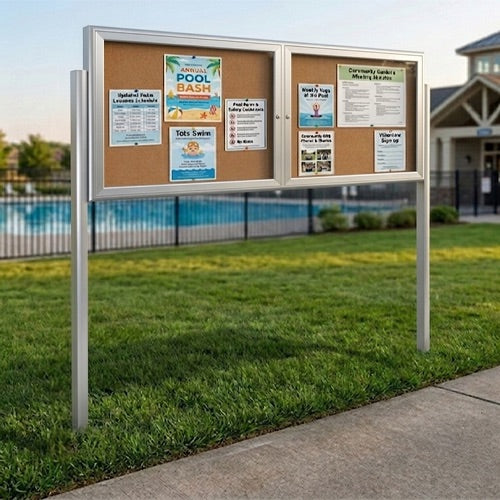 Outdoor Enclosed 60x24 Bulletin Cork Boards with Lights (with Radius Edge & Leg Posts) (2 DOORS) - Satin Silver Finish