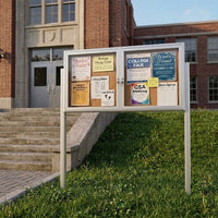 Outdoor Enclosed 60x30 Bulletin Cork Boards with Lights (with Radius Edge & Leg Posts) (2 DOORS) - Satin Silver Finish