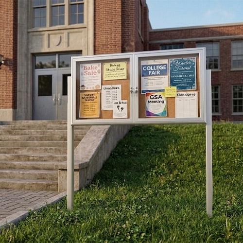Outdoor Enclosed 60x30 Bulletin Cork Boards with Lights (with Radius Edge & Leg Posts) (2 DOORS) - Satin Silver Finish