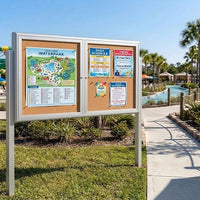 Outdoor Enclosed 60x36 Bulletin Cork Boards with Lights (with Radius Edge & Leg Posts) (2 DOORS) - Satin Silver Finish