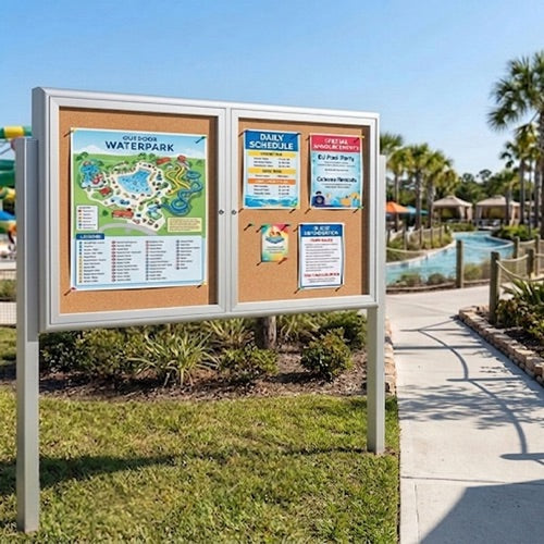 Outdoor Enclosed 60x36 Bulletin Cork Boards with Lights (with Radius Edge & Leg Posts) (2 DOORS) - Satin Silver Finish