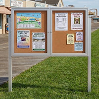 Outdoor Enclosed 60x40 Bulletin Cork Boards with Lights (with Radius Edge & Leg Posts) (2 DOORS) - Satin Silver Finish
