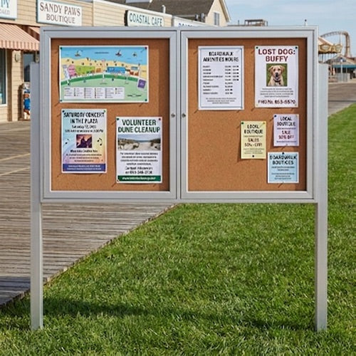 Outdoor Enclosed 60x40 Bulletin Cork Boards with Lights (with Radius Edge & Leg Posts) (2 DOORS) - Satin Silver Finish