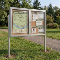 Outdoor Enclosed 60x48 Bulletin Cork Boards with Lights (with Radius Edge & Leg Posts) (2 DOORS) - Satin Silver Finish