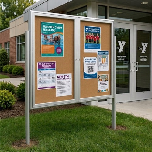 Outdoor Enclosed 60x60 Bulletin Cork Boards with Lights (with Radius Edge & Leg Posts) (2 DOORS) - Satin Silver Finish