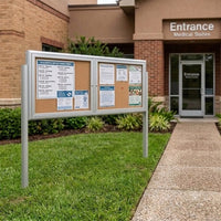 Outdoor Enclosed 72x24 Bulletin Cork Boards with Lights (with Radius Edge & Leg Posts) (2 DOORS) - Satin Silver Finish