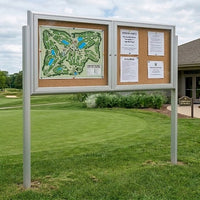 Outdoor Enclosed 72x30 Bulletin Cork Boards with Lights (with Radius Edge & Leg Posts) (2 DOORS) - Satin Silver Finish