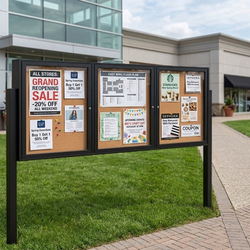 Outdoor Enclosed 72x30 Bulletin Cork Boards with Lights (with Radius Edge & Leg Posts) (3 DOORS) - Black Finish