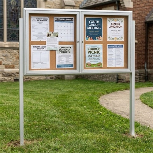 Outdoor Enclosed 72x36 Bulletin Cork Boards with Lights (with Radius Edge & Leg Posts) (2 DOORS) - Satin Silver Finish