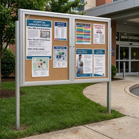 Outdoor Enclosed 72x48 Bulletin Cork Boards with Lights (with Radius Edge & Leg Posts) (2 DOORS) - Satin Silver Finish