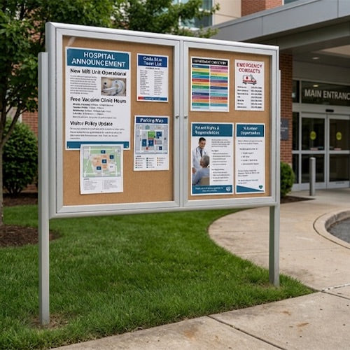 Outdoor Enclosed 72x48 Bulletin Cork Boards with Lights (with Radius Edge & Leg Posts) (2 DOORS) - Satin Silver Finish