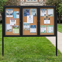 Outdoor Enclosed 72x48 Bulletin Cork Boards with Lights (with Radius Edge & Leg Posts) (3 DOORS) - Black Finish