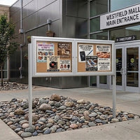 Outdoor Enclosed 84x30 Bulletin Cork Boards with Lights (with Radius Edge & Leg Posts) (3 DOORS) - Satin Silver Finish