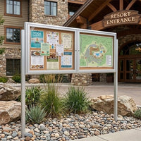 Outdoor Enclosed 84x36 Bulletin Cork Boards with Lights (with Radius Edge & Leg Posts) (2 DOORS) - Satin Silver Finish