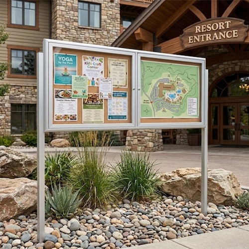 Outdoor Enclosed 84x36 Bulletin Cork Boards with Lights (with Radius Edge & Leg Posts) (2 DOORS) - Satin Silver Finish