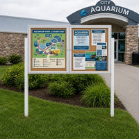 Outdoor Enclosed 84x48 Bulletin Cork Boards with Lights (with Radius Edge & Leg Posts) (2 DOORS) - Satin Silver Finish