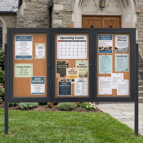 Outdoor Enclosed 84x48 Bulletin Cork Boards with Lights (with Radius Edge & Leg Posts) (3 DOORS) - Black Finish
