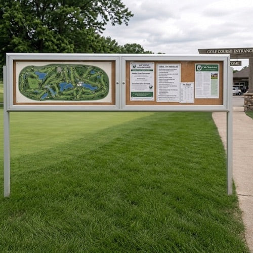 Outdoor Enclosed 96x24 Bulletin Cork Boards with Lights (with Radius Edge & Leg Posts) (2 DOORS) - Satin Silver Finish