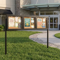 Outdoor Enclosed 96x24 Bulletin Cork Boards with Lights (with Radius Edge & Leg Posts) (3 DOORS) - Black Finish