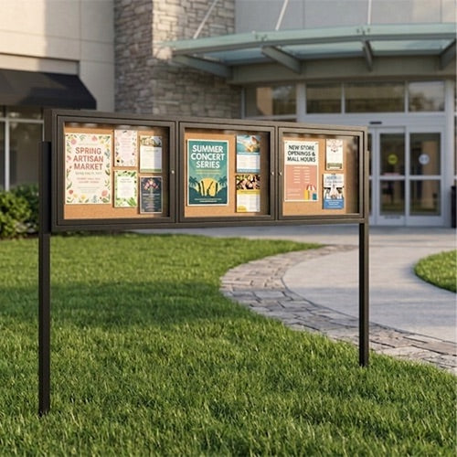 Outdoor Enclosed 96x24 Bulletin Cork Boards with Lights (with Radius Edge & Leg Posts) (3 DOORS) - Black Finish