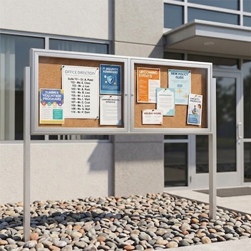 Outdoor Enclosed 96x30 Bulletin Cork Boards with Lights (with Radius Edge & Leg Posts) (2 DOORS) - Satin Silver Finish