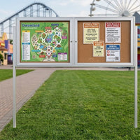 Outdoor Enclosed 96x36 Bulletin Cork Boards with Lights (with Radius Edge & Leg Posts) (2 DOORS) - Satin Silver Finish