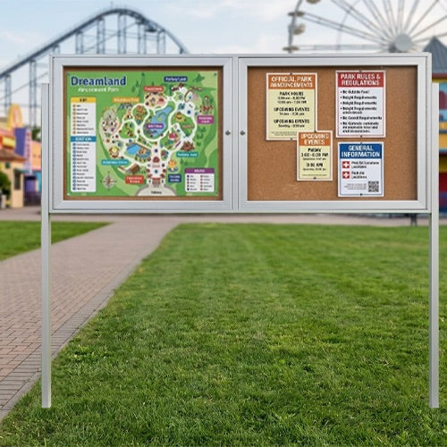 Outdoor Enclosed 96x36 Bulletin Cork Boards with Lights (with Radius Edge & Leg Posts) (2 DOORS) - Satin Silver Finish