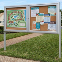 Outdoor Enclosed 96x48 Bulletin Cork Boards with Lights (with Radius Edge & Leg Posts) (2 DOORS) - Satin Silver Finish