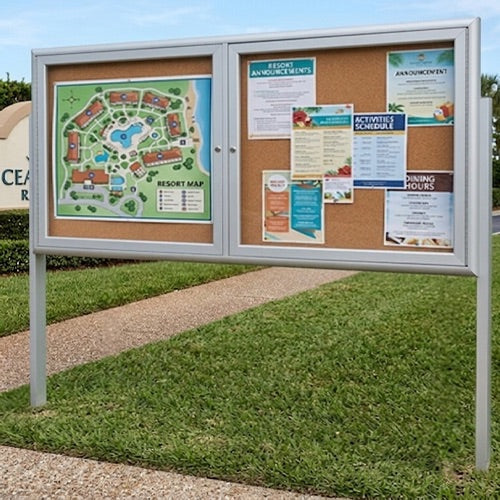 Outdoor Enclosed 96x48 Bulletin Cork Boards with Lights (with Radius Edge & Leg Posts) (2 DOORS) - Satin Silver Finish