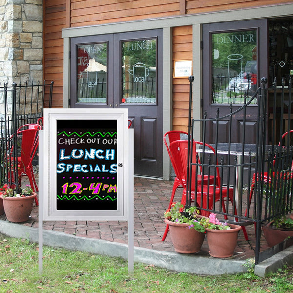 Free-Standing Outdoor Dry Erase Black Board with Two Leg Posts | Magnetic Porcelain on Steel Markerboard | Metal Display Case 12+ Sizes