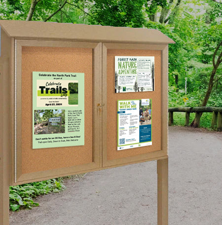 Eco-Design Outdoor Message Center Cork Bulletin Board 60" x 24" with Posts | Faux Wood, Double-Door Standing Information Boards