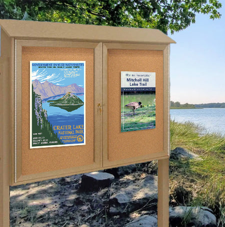 Eco-Design Outdoor Message Center Cork Bulletin Board 60" x 24" with Posts | Faux Wood, Double-Door Standing Information Boards