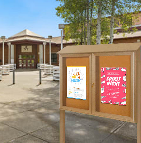 Outdoor Message Center Cork Bulletin Board 60" x 36" with Posts | Eco-Design, Faux Wood Two-Door Information Boards