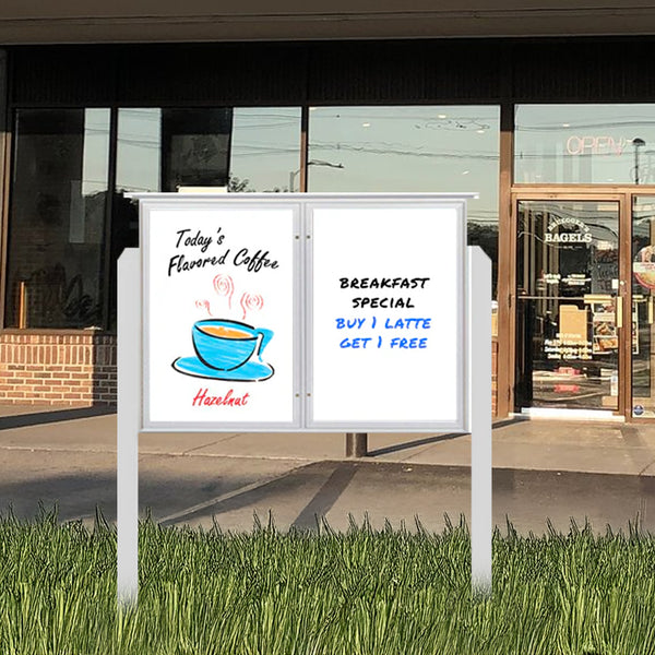 Outdoor Message Center Magnetic White Dry Erase Board - 45" x 30" | Double Door with Posts