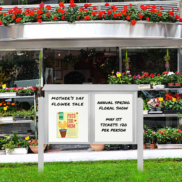 Outdoor Message Center Magnetic White Dry Erase Board - 48" x 36" | Double Door with Posts