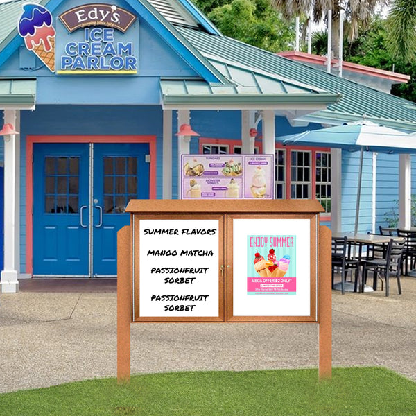Outdoor Message Center Magnetic White Dry Erase Board - 60" x 24" | Double Door with Posts