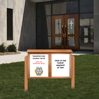 Eco-Design, Faux Wood Outdoor Message Center + Magnetic White Dry Erase Board 60" x 40" with Double-Door Cabinet + Posts