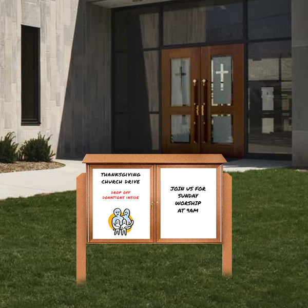 Eco-Design, Faux Wood Outdoor Message Center + Magnetic White Dry Erase Board 60" x 40" with Double-Door Cabinet + Posts