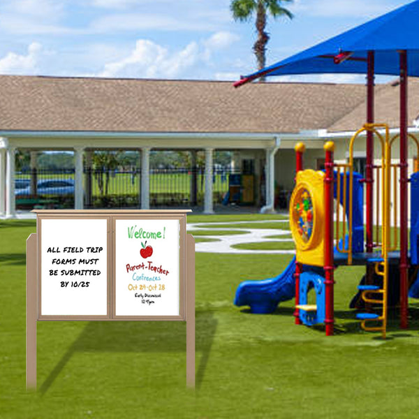 Outdoor Message Center Magnetic White Dry Erase Board - 60" x 48" | Double Door with Posts