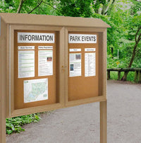 Eco-Design Outdoor Message Center Cork Bulletin Board 60" x 24" with Posts | Faux Wood, Double-Door Standing Information Boards