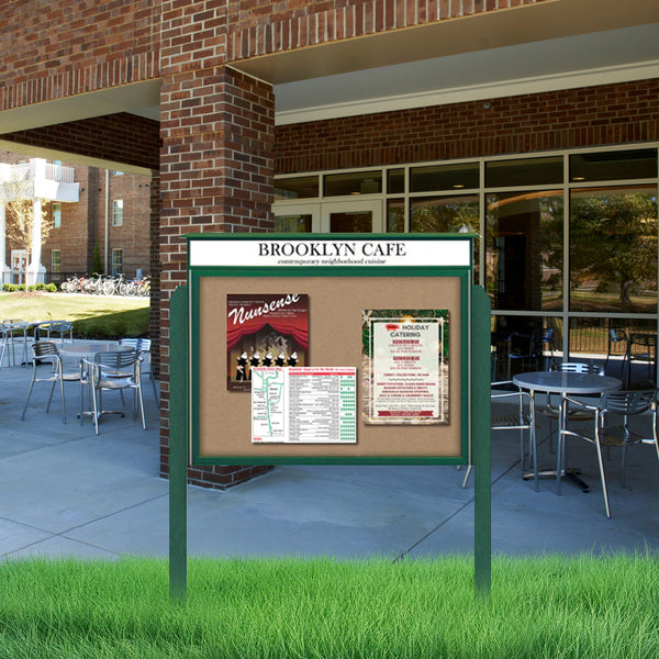 24" x 24" Viewable Area Outdoor Message Center Cork Board with Header | Single Door with Posts