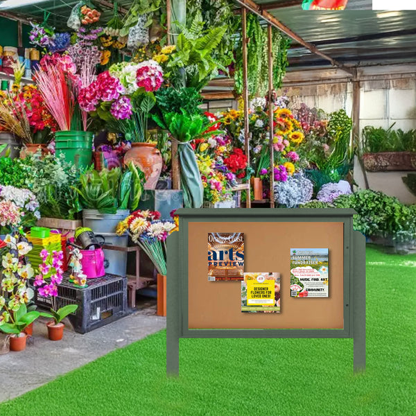 Outdoor Message Center Cork Board 48x48 with Posts | TOP Hinged Door Information Board Display Case made with Recycled Faux Wood