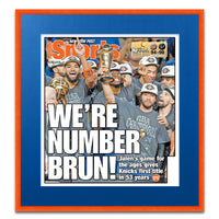 New York Knicks NBA Champions Newspaper Metal Display Frame | Shown with Tangerine Twist frame finish and Blue Wave matboard