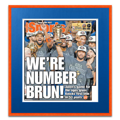 New York Knicks NBA Champions Newspaper Metal Display Frame | Shown with Tangerine Twist frame finish and Blue Wave matboard