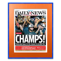 New York Knicks NBA Champions Newspaper Metal Display Frame | Shown with Galactic Blue frame finish and Mandarin Orange matboard