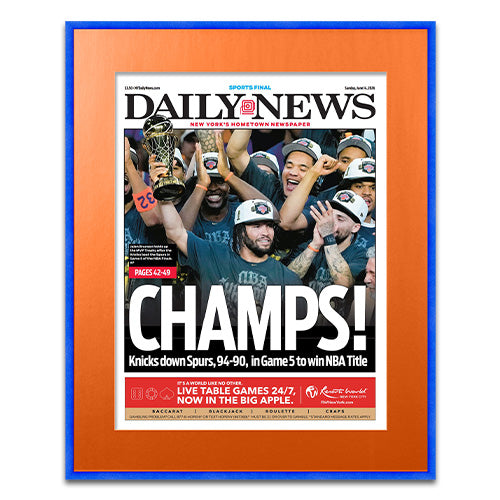 New York Knicks NBA Champions Newspaper Metal Display Frame | Shown with Galactic Blue frame finish and Mandarin Orange matboard
