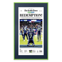 Seattle Seahawks Superbowl 60 Newspaper Metal Display Frame | Shown with Cyber Green frame finish and Deep Blue matboard