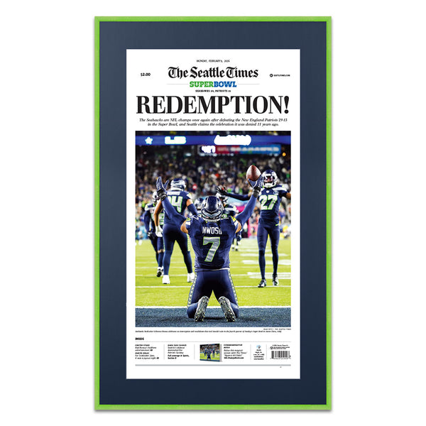 Seattle Seahawks Superbowl 60 Newspaper Metal Display Frame | Shown with Cyber Green frame finish and Deep Blue matboard