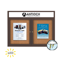 60 x 24 Enclosed Outdoor Bulletin Board with Message Header and LED Lights - Wall Mount 2 Door Cabinet
